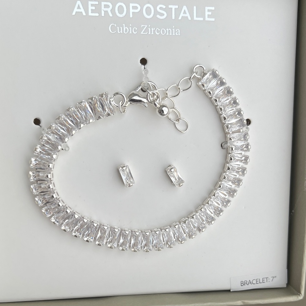 7”, Aeropostale, Adjustable Silver Tennis Bracelet Set, in Cubic Zirconia